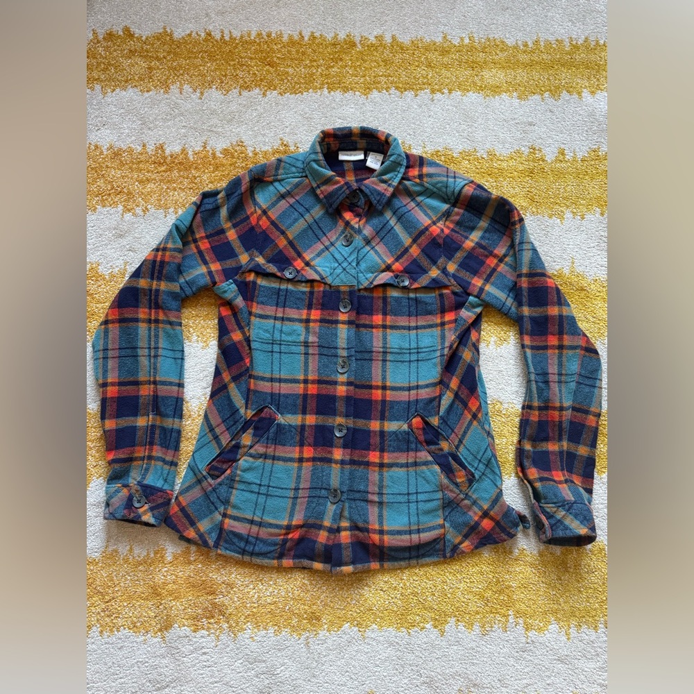 Vermont Country Store Plaid Flannel Shirt Jacket Pockets Cotton Teal Orange S